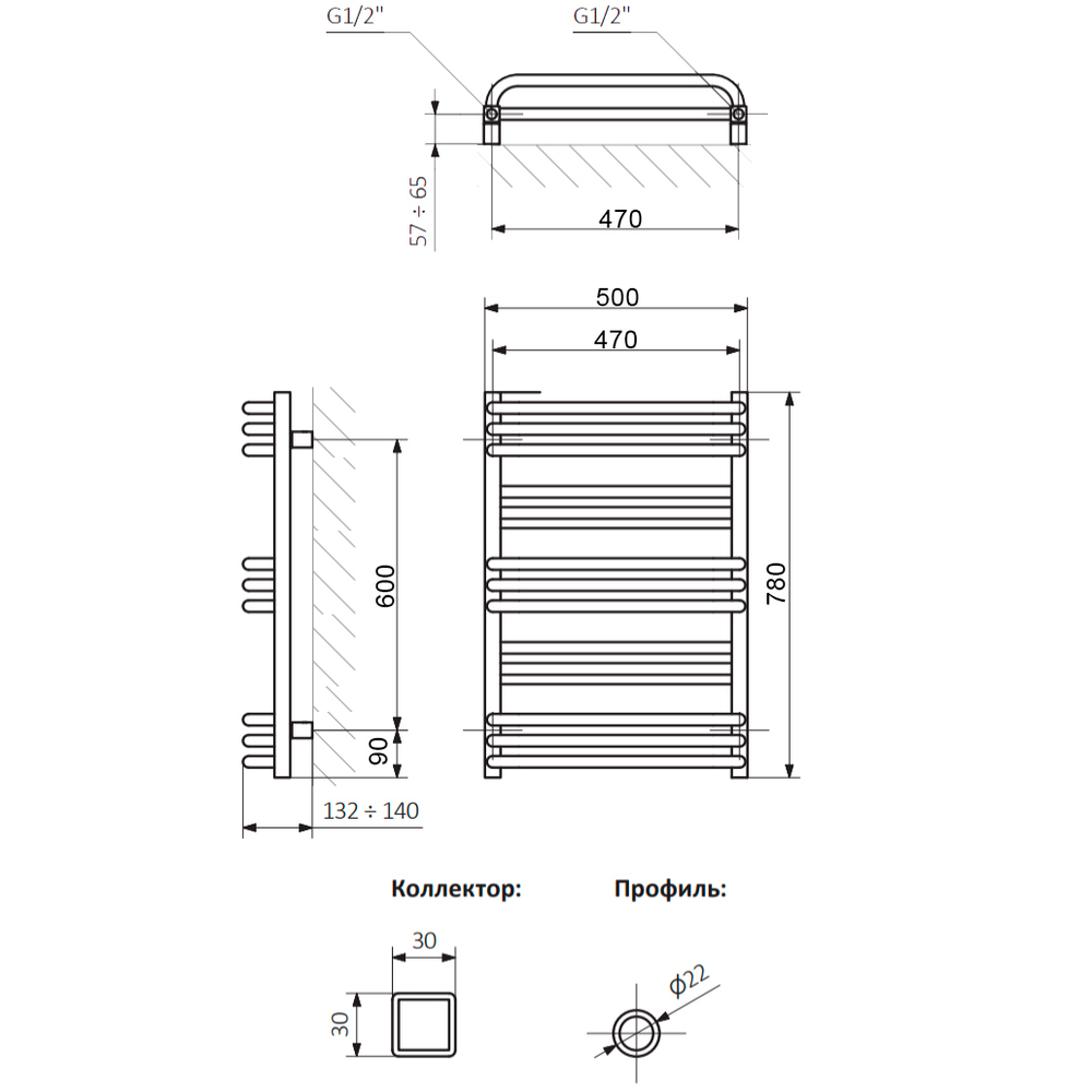 Полотенцесушитель Terma POLA 780/500 RAL9005 черный матовый