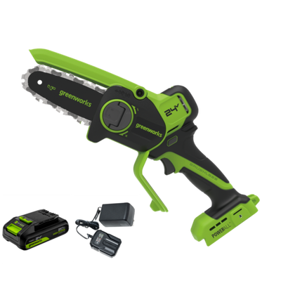 Цепная мини-пила аккумуляторная Greenworks CS2410A, 24V, 10см, бесщёточная, с автоматической смазкой цепи, c 1хАКБ 4Ач и ЗУ (CS2410AUB)