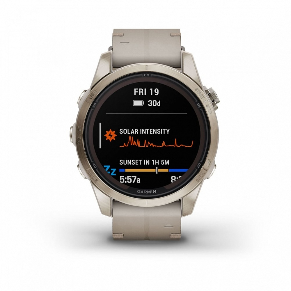 Смарт-часы Garmin Fenix 7s Pro Sapphire Solar золотистый корпус с кожаным ремешком цвета известняка, 010-02776-30