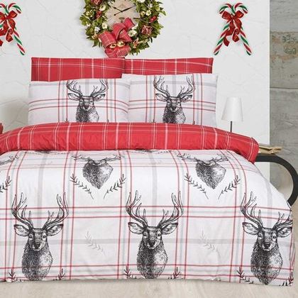 Постельное белье 2 спальное евро Arya home Ранфорс Deer бело-красное
