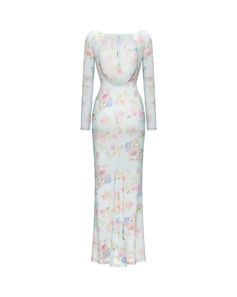 Монет макси (Monet maxi), платье макси из голубой сетки с цветочным принтом