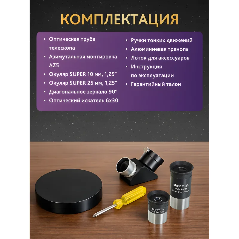 Телескоп Levenhuk New Skyline PRO MAK 127/1500 AZ5 - комплектация, окуляры, зеркало и список на инфографике
