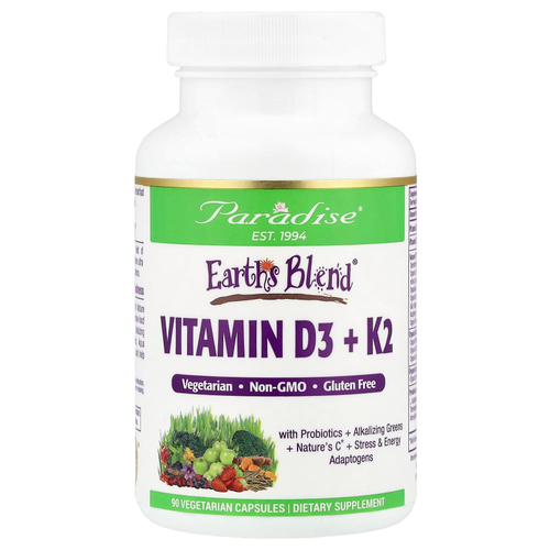 Paradise Herbs, Earth's Blend®, витамины D3 и K2, 90 вегетарианских капсул