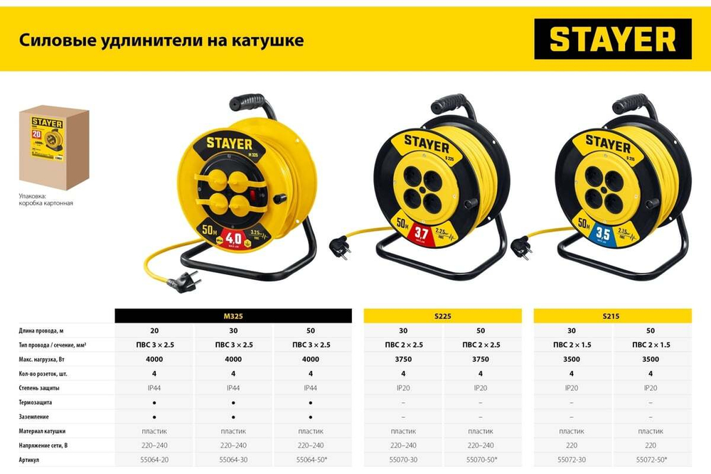 Силовой удлинитель на катушке STAYER S 225 ПВС 2x1.5 30м 3500Вт 55072-30