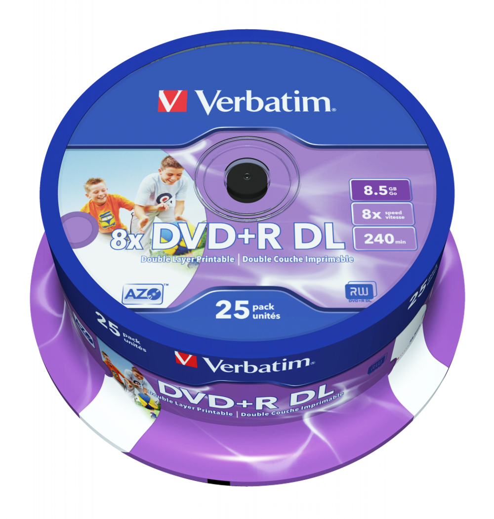 Оптический диск Verbatim DVD+R DL 8x 8,5GB AZO Wide Inkjet Printable no ID, Cake Box, 25 шт.