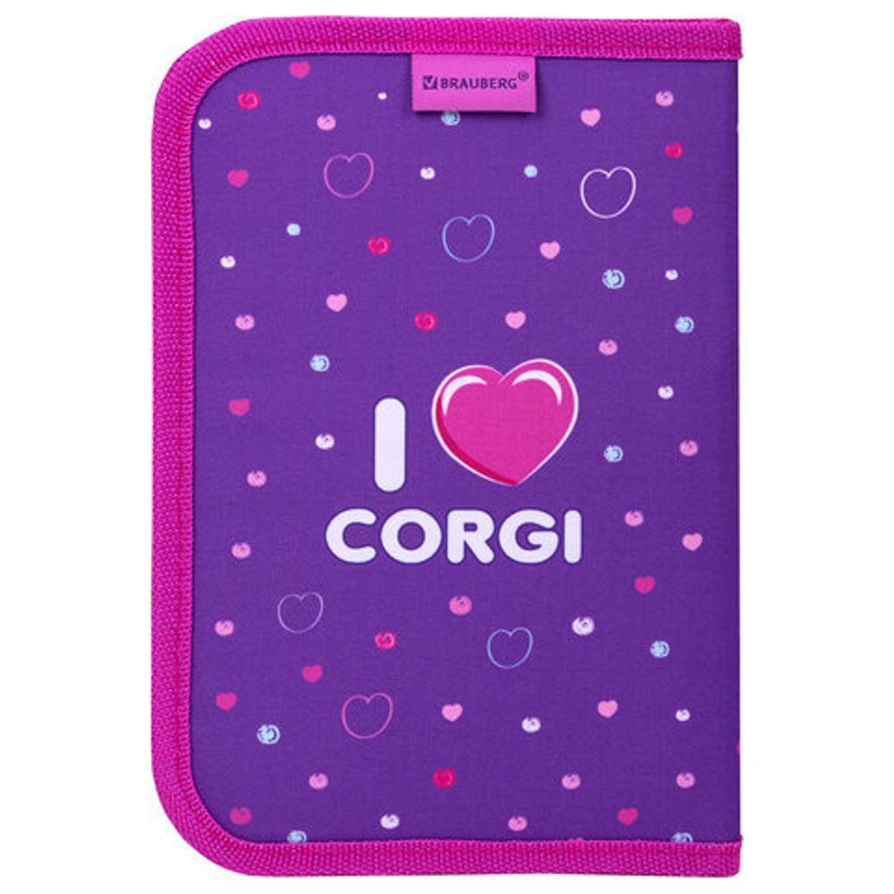Пенал BRAUBERG, 1 отделение, полиэстер, 21х14 см, "I love corgi", 271530