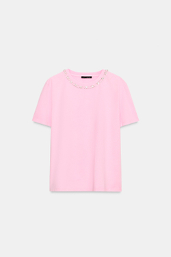 ZARA ФУТБОЛКА С ДЕКОРОМ И ЭФФЕКТОМ ПОТЕРТОСТИ, РОЗОВЫЙ
