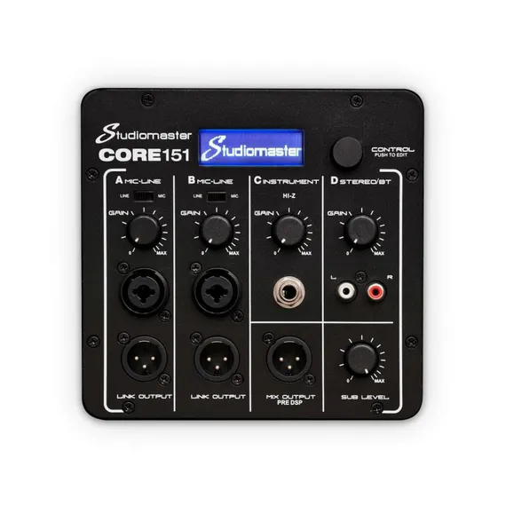Studiomaster CORE 151 Активный мобильный акустический комплект с интегрированным микшером Вертикальный массив: СЧ: 3х 8” Neodymium full range driver ВЧ: 12х 1” dome tweeter