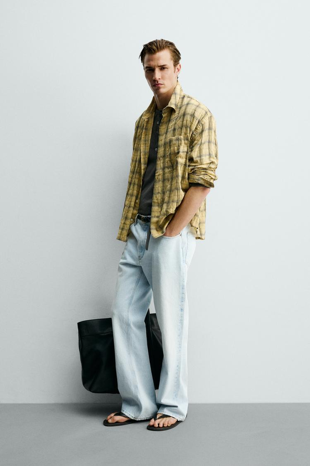 ZARA РУБАШКА RELAXED FIT В КЛЕТКУ, ЦВЕТ СЛИВОЧНОГО МАСЛА
