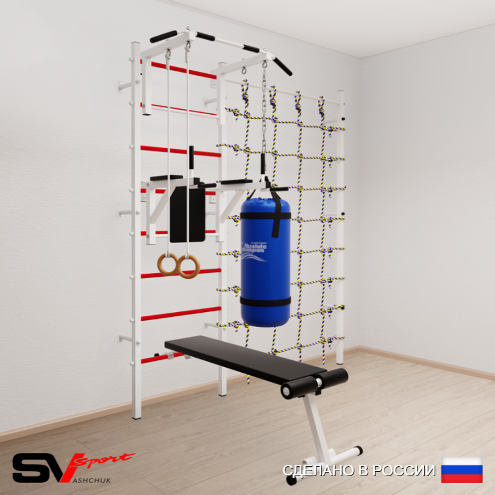 Шведская стенка Sv Sport усиленная 68110 (Турник стандарт/Брусья/Скамья/Кольца/Цепь/Мешок 15кг/Канатный лаз)