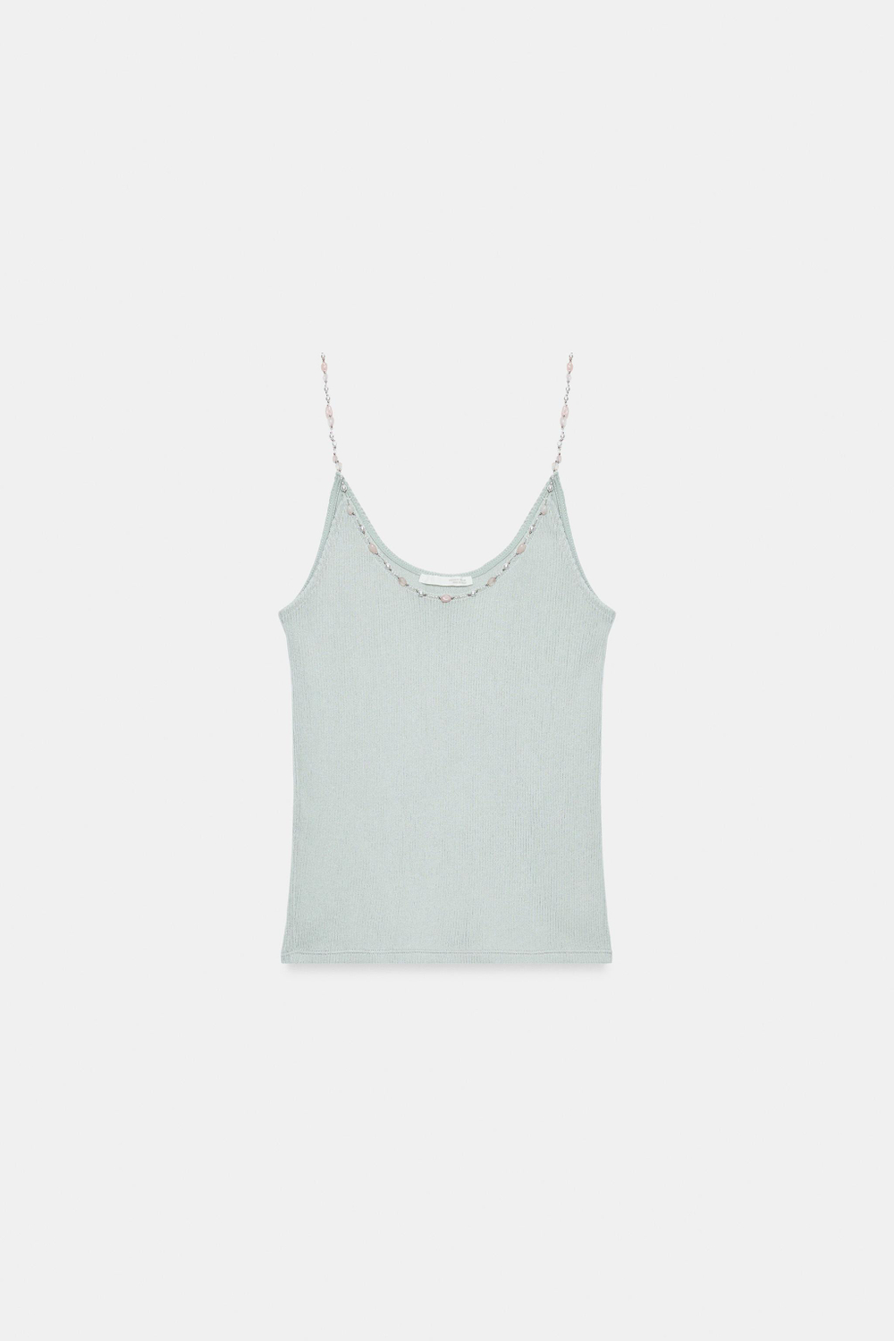 ZARA ТРИКОТАЖНЫЙ ТОП С БУСИНАМИ, ЖЕМЧУЖНО-СЕРЫЙ