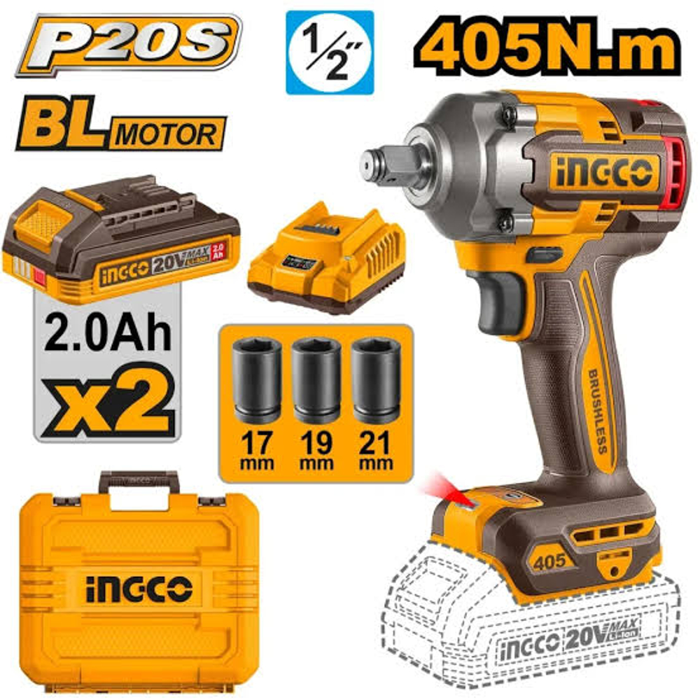 Аккумуляторный бесщеточный ударный гайковерт INGCO CIWLI2045 INDUSTRIAL 20 В 1/2" 405 Нм