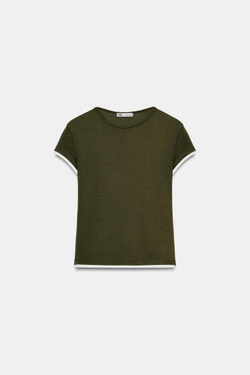ZARA ФУТБОЛКА С КОНТРАСТНЫМИ ДЕТАЛЯМИ, ТЕМНЫЙ ХАКИ