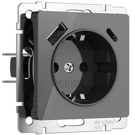 Розетка с заземлением, шторками и USB тип A+C (графит акрил)