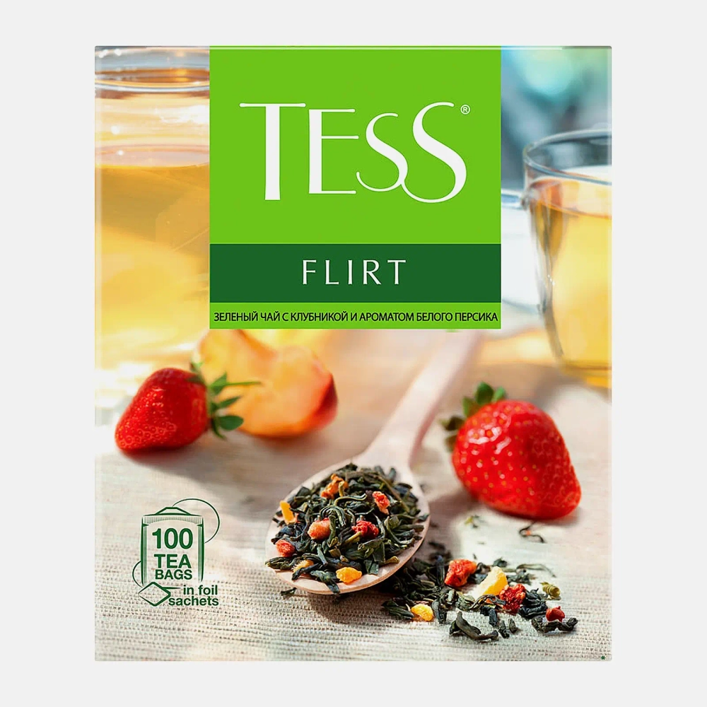Чай зелёный байховый Tess Flirt с ароматом белого персика и клубники 100пак 150г