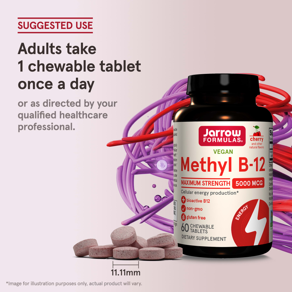 Jarrow Formulas, веганский метилкобаламин, максимальная сила действия, вишня, 5000 мкг, 60 жевательных таблеток