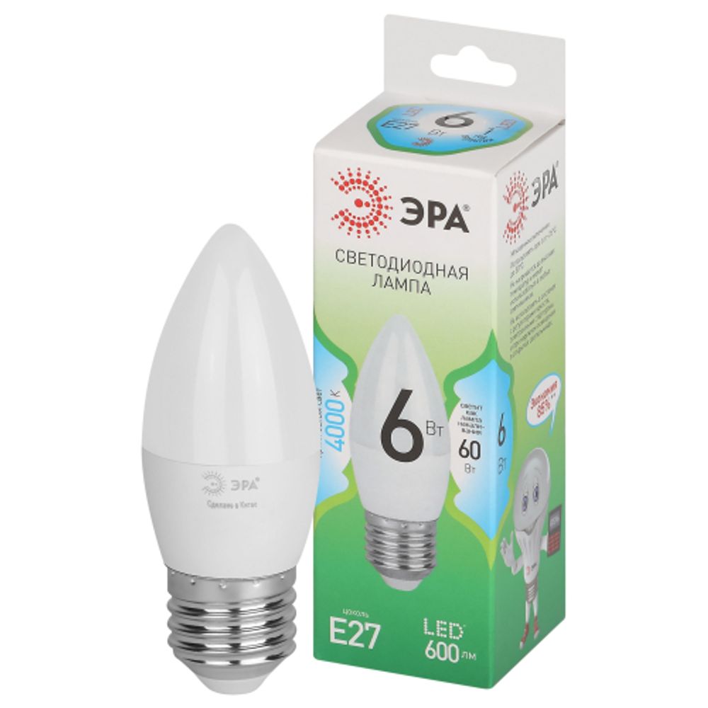 Лампа светодиодная ЭРА GREEN LINE LED B35-6W-840-E27 GL 6Вт свеча яркий белый свет E27 | Лампы cветодиодные Свеча (B/C)