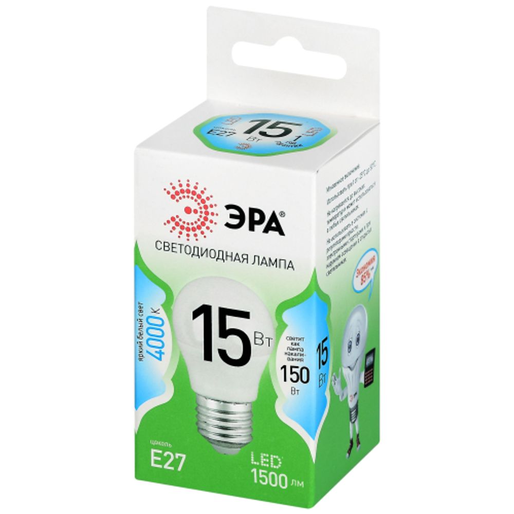 Лампа светодиодная ЭРА GREEN LINE LED P45-15W-840-E27 GL 15Вт шар яркий белый свет E27 | Лампы cветодиодные Шар (G/P)