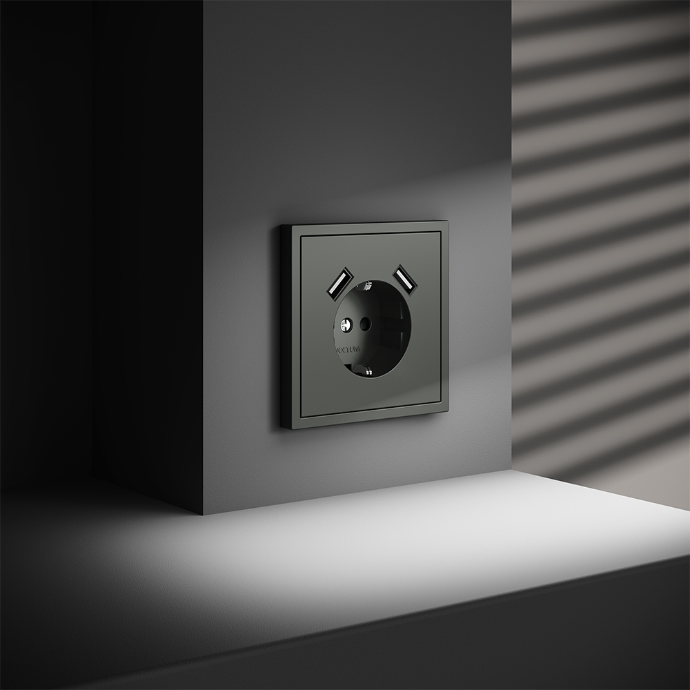 Розетка встраиваемая с заземлением и защитными шторками, 16А, с USB, A+A, (титан) Voltum S70 VLS040406