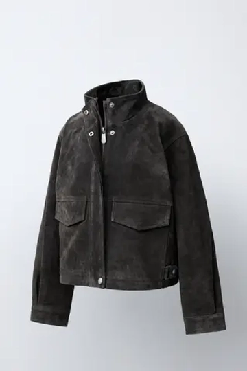 ZARA КУРТКА ИЗ 100% КОЖИ С КАРМАНАМИ, ТЕМНЫЙ ХАКИ