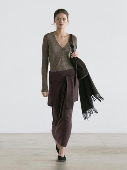 Massimo Dutti Вязаная юбка с завязанными деталями, шоколадный