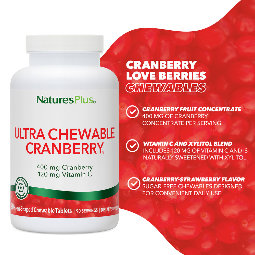 NaturesPlus, Ultra Chewable Cranberry®, 180 жевательных таблеток в форме сердца
