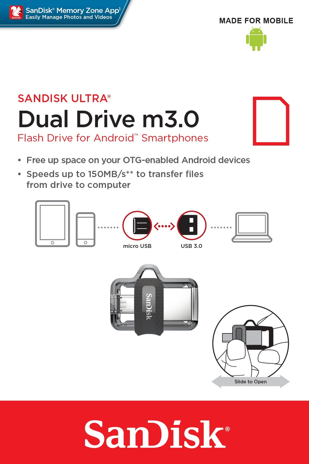 Флеш-накопитель SanDisk Ultra Dual Drive m3.0 64GB, USB-A/Micro B, R 130 МБ/с