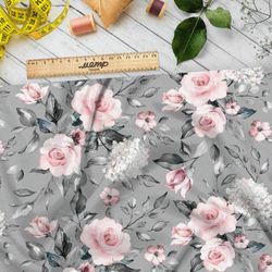 Ткань мембрана бело-розовые цветы на сером