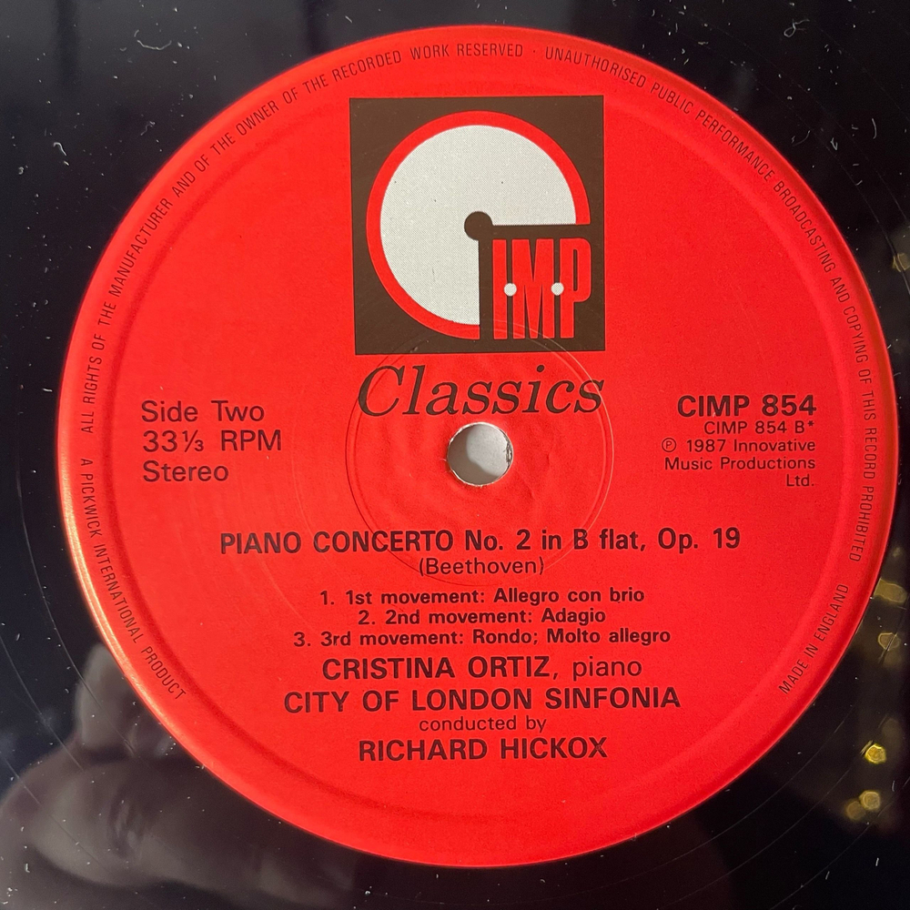 Винтажная виниловая пластинка LP Beethoven Бетховен, Cristina Ortiz, City Of London Sinfonia Conducted By Richard Hickox, Piano Concertos Nr 1 and 2 (Англия 1987)