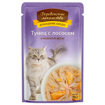 Деревенские Лакомства Пауч для кошек Тунец с Лососем в желе, 70гр (М)