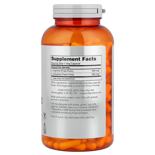 NOW Foods, Sports, аргинин и цитруллин, 240 вегетарианских капсул
