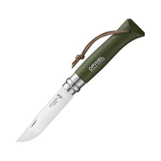 Складной нож Opinel №8 Trekking, нержавеющая сталь, кожаный темляк, хаки c клинком из стали Sandvik™ 12С27