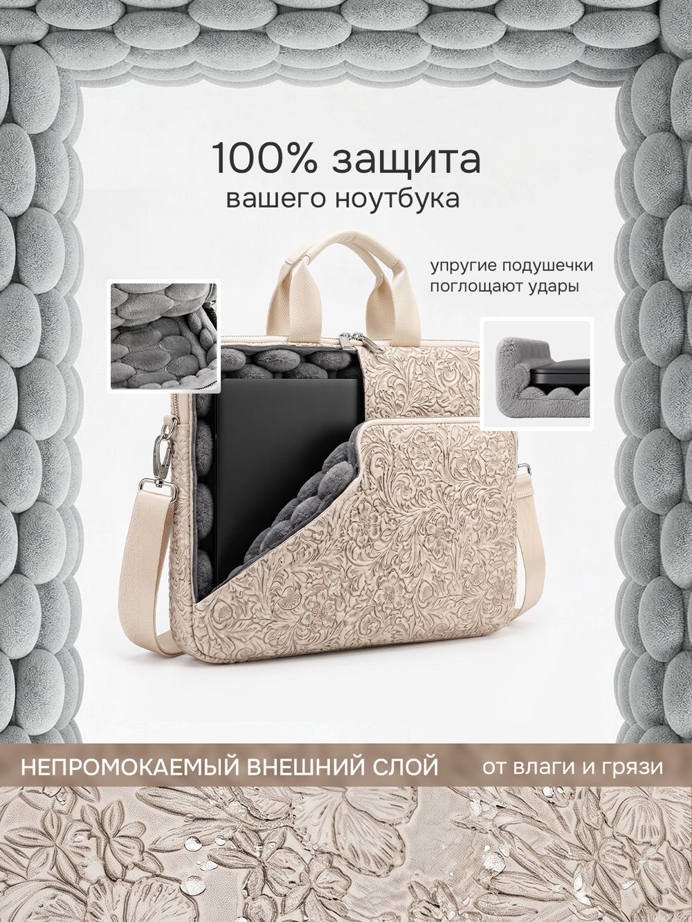 Сумка для ноутбука 15,6" и 17" с ремнем на плечо и большим карманом спереди (Бежевый цветок)