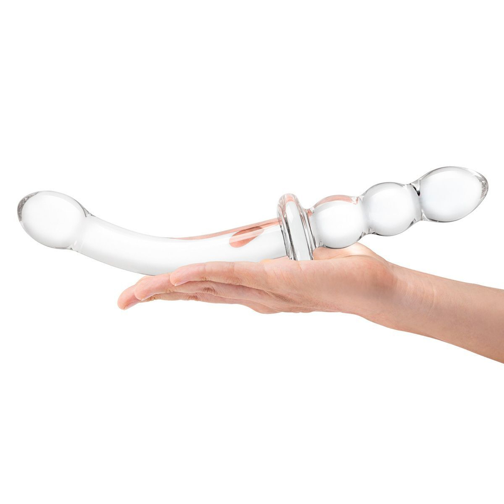 Изогнутый стеклянный фаллоимитатор 12’’ Girthy Ribbed G-Spot Glass Dildo With Handle Grip Double Ended - 30 см. (Цвет: прозрачный)