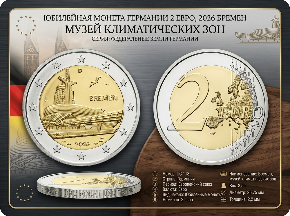 Германия 2 евро, 2026 Бремен, музей климатических зон