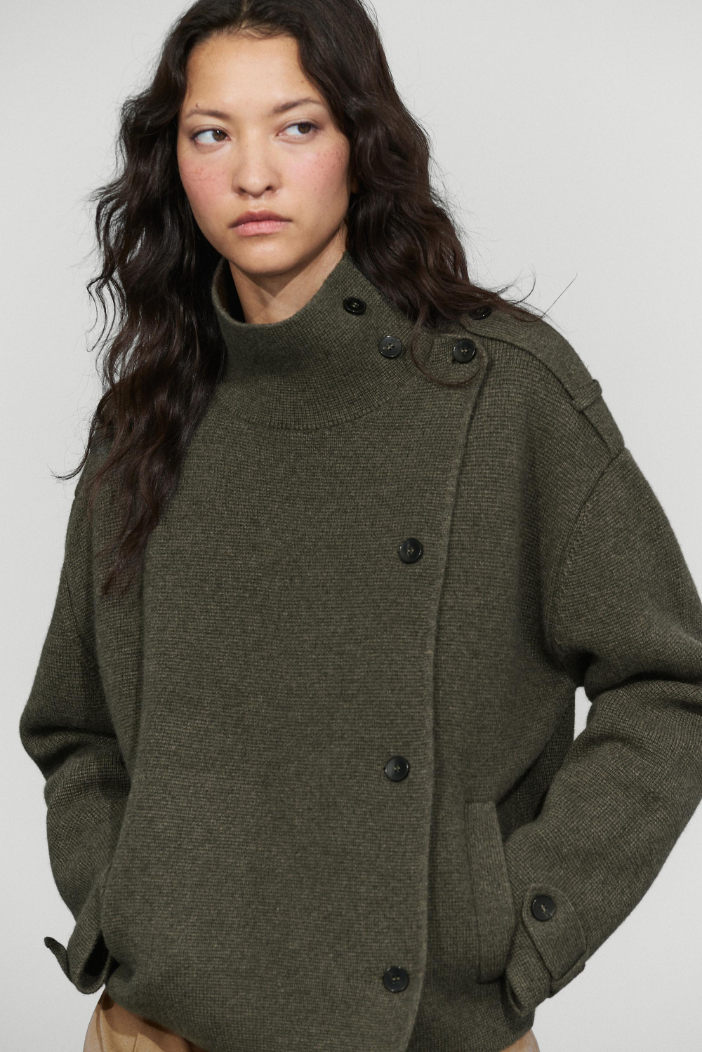 Massimo Dutti Кардиган из смесовой шерсти с двубортной застёжкой, серовато-зеленый