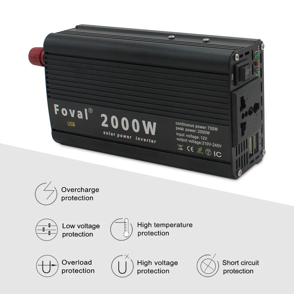 Инвертор 12V-220V 2000W черный Foval