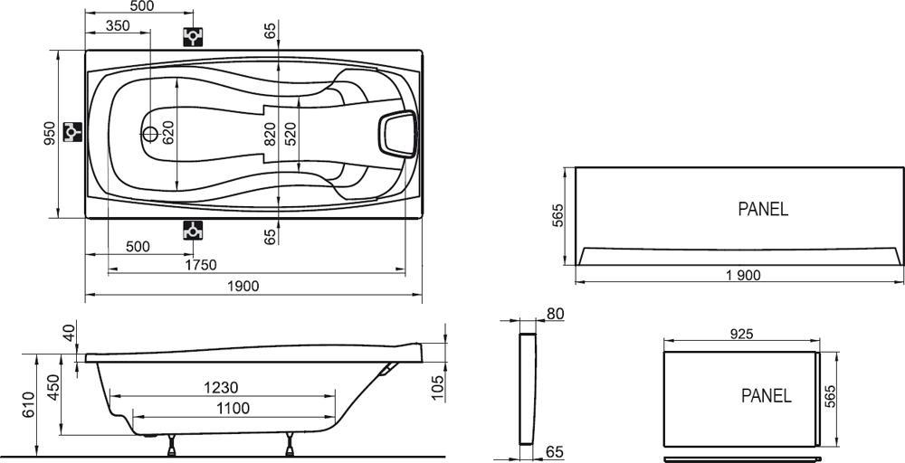 Ванна акриловая Ravak XXL 190х95 C091000000 схема