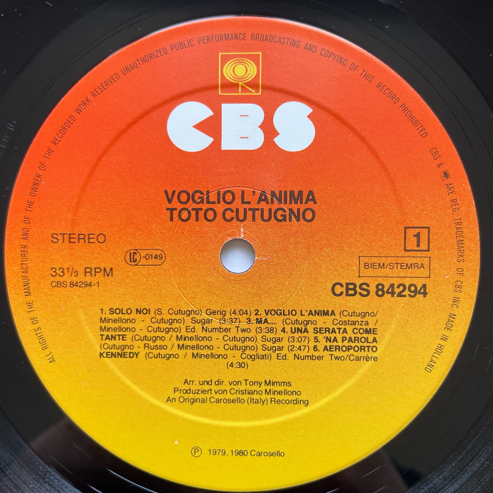 Винтажная виниловая пластинка LP Toto Cutugno Тото Кутуньо, Voglio L'Anima (Нидерланды 1979)