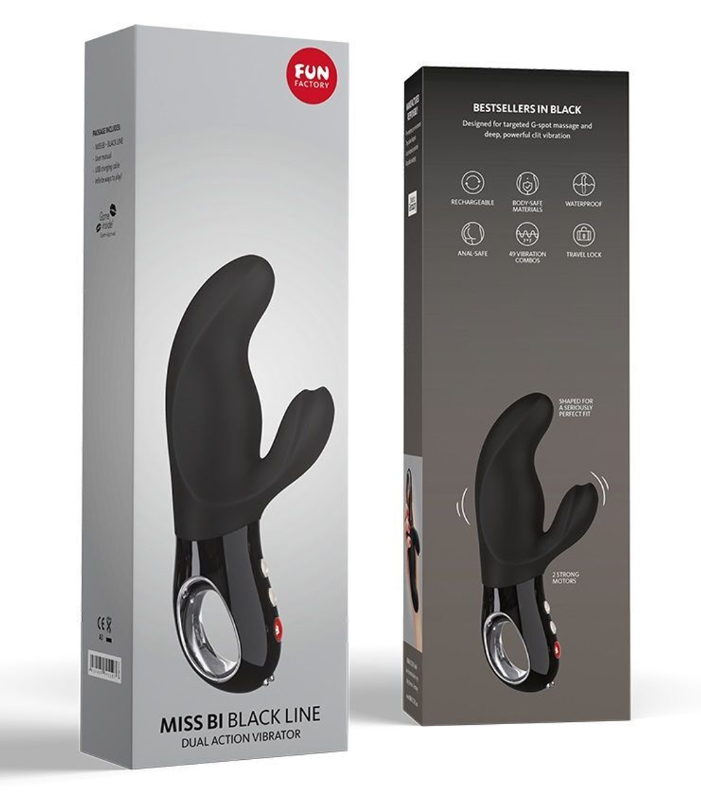 Чёрный вибратор с клиторальным отростком MiSS Bi Black Line - 17 см. (Цвет: черный)