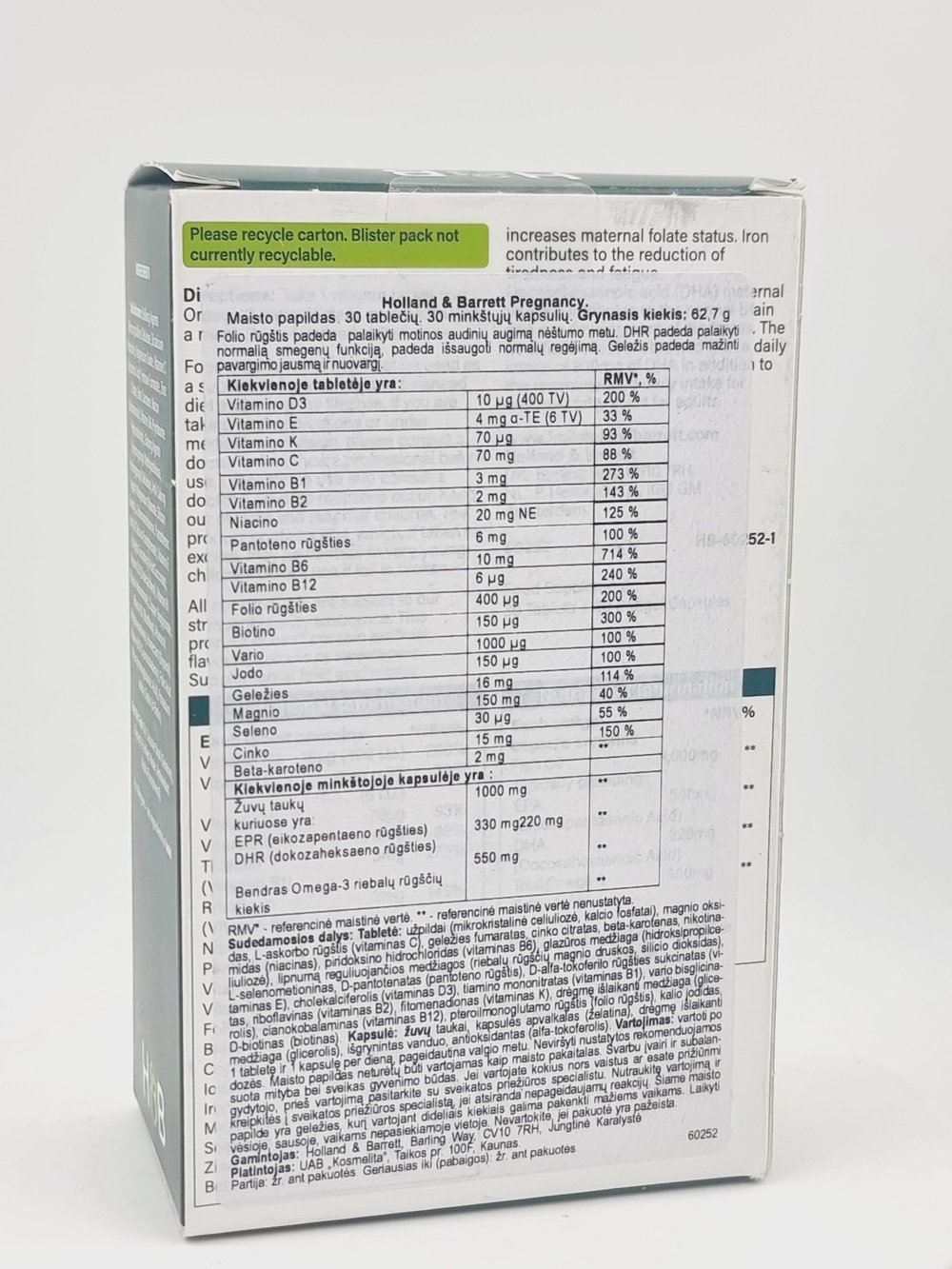 Holland & Barrett Pregnancy Витамины для женщин, 30 таблеток и 30 мягких капсул (из Литвы)