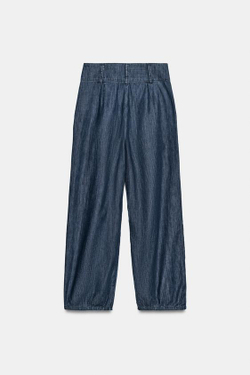 ZARA БРЮКИ BARREL С ЗАЩИПАМИ, СИНИЙ