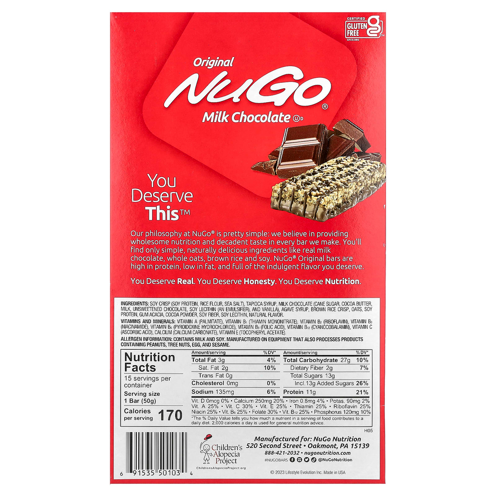 NuGo Nutrition, Original Bar, молочный шоколад, 15 батончиков, 50 г (1,76 унции)