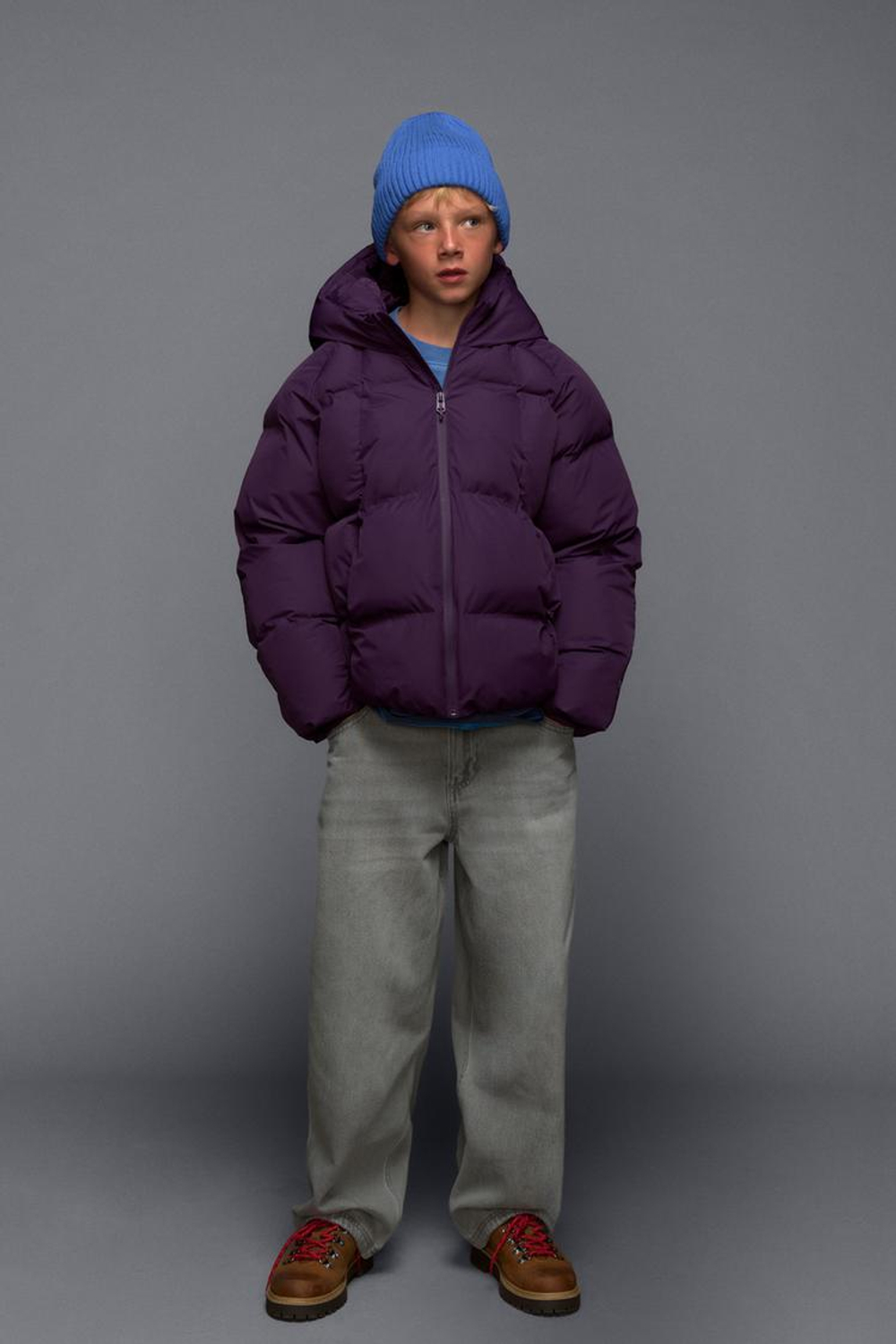 ZARA СТЕГАНАЯ КУРТКА С КАПЮШОНОМ WATER REPELLENT, ЛИЛОВЫЙ