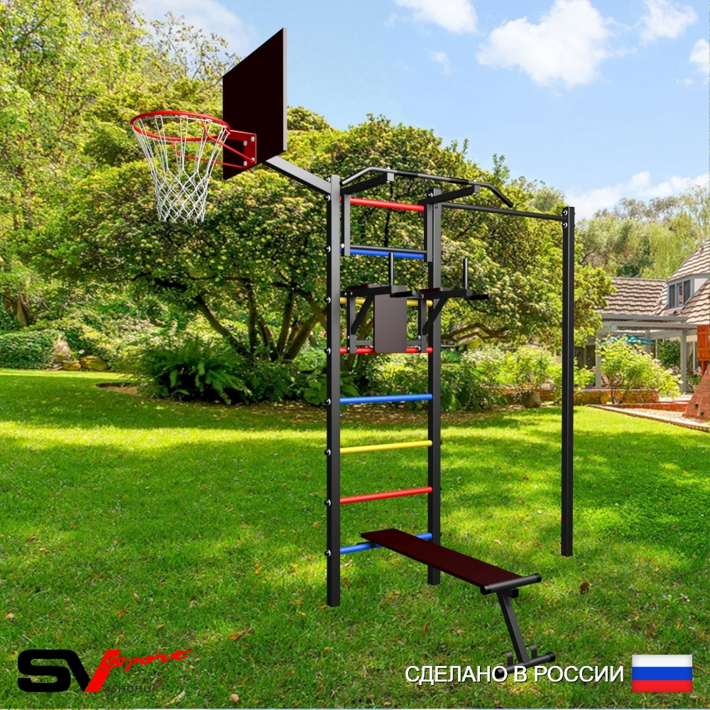 Уличная шведская стенка Sv Sport с комплектом турник прямой У419К (Турник/Брусья/Скамья/Щит баскет)
