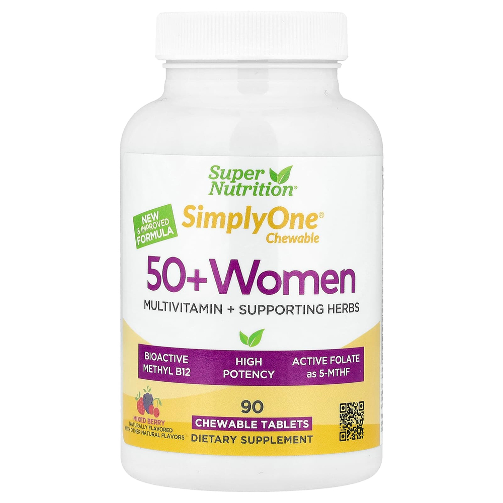 Super Nutrition, Simply One®, мультивитамины и поддерживающие травы для женщин старше 50 лет, вкус ягод, 90 жевательных таблеток