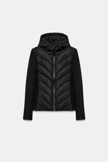 ZARA КОМБИНИРОВАННЫЙ ПУХОВИК С КАПЮШОНОМ, ЧЕРНЫЙ