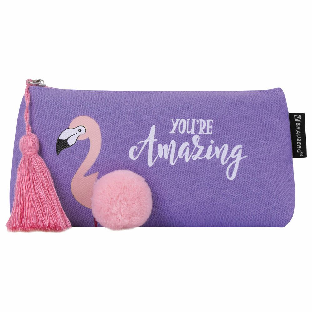 Пенал-косметичка BRAUBERG, канвас с объемной аппликацией, "Flamingo", 20х3х9 см, 229001