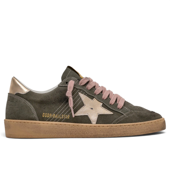 Women’s Golden Goose Ball Star in Khaki Suede with Gold Star