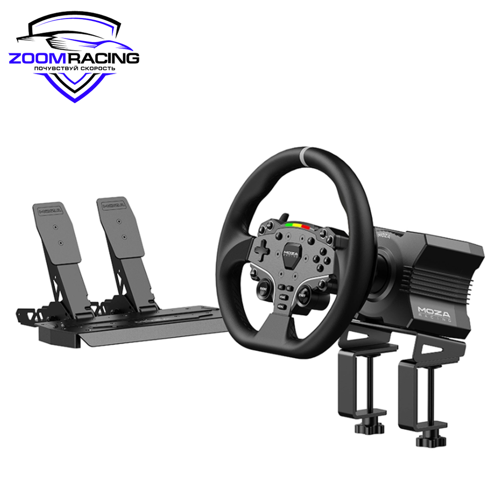 MOZA Racing R5 Bundle: руль, база, педали для симрейсинга — общий вид